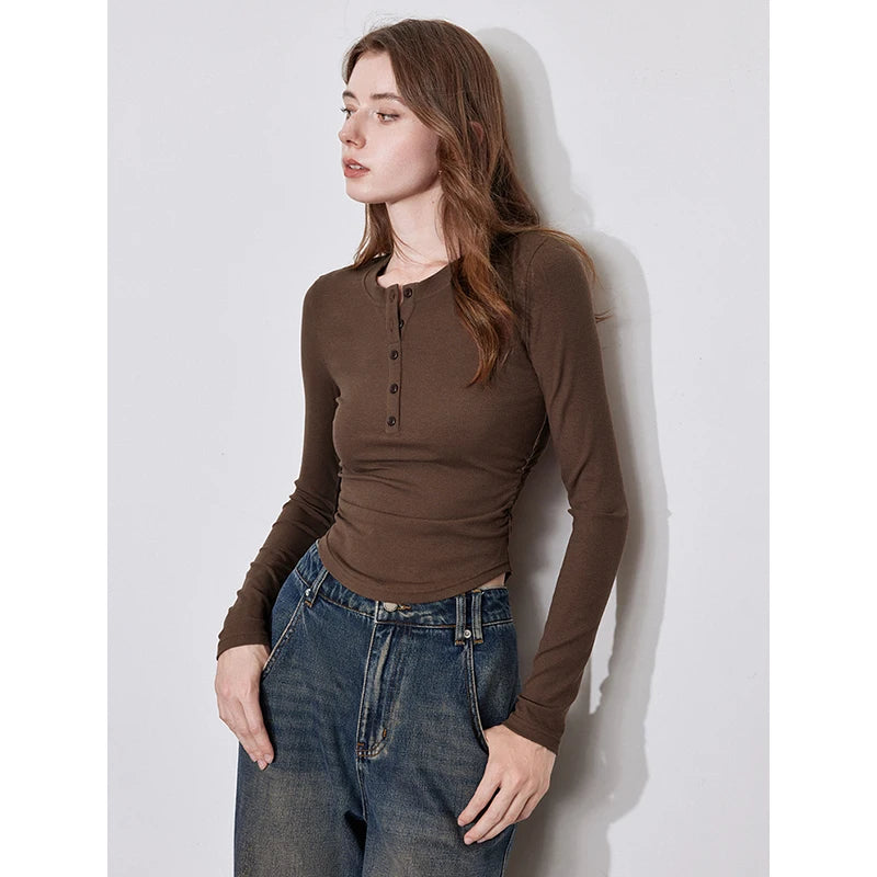 TOYOUTH Women Long Sleeve T-shirt 2024 Autumn and Winter New Slim Waist Round Neck Warm Bottoming Pullover Short Tops