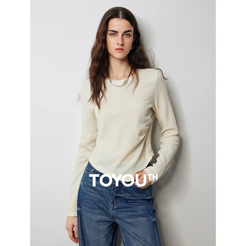 TOYOUTH Women Long Sleeve T-shirt 2024 Autumn New Asymmetrical Design Irregular Hem Slim Waist Pullover Tops