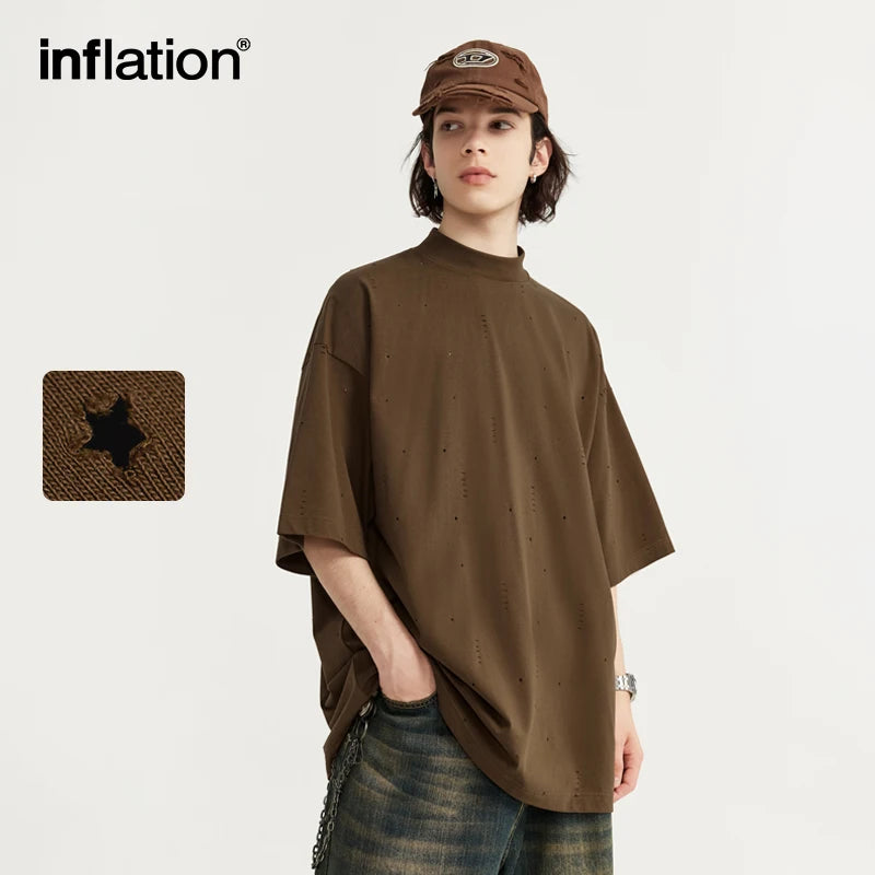 INFLATION Streetwear Ripped Tees Men Heavyweight Mock Neck Oversized Cotton Tshirts