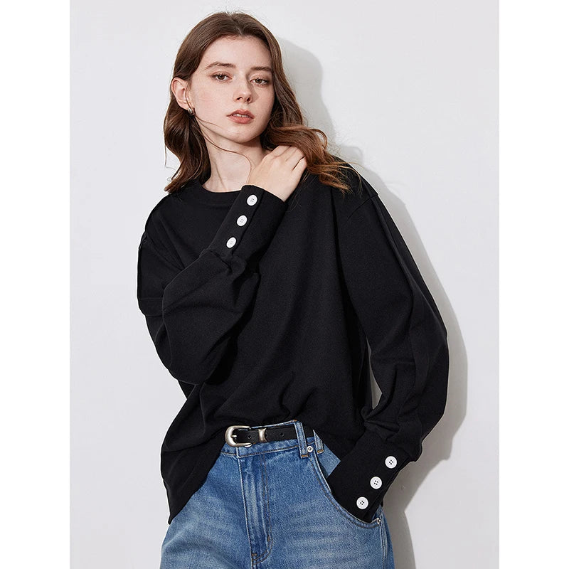 TOYOUTH Women Long Sleeve T-shirt 2024 Autumn Winter New Round Neck Off Shoulder Versatile White Pullover Tops