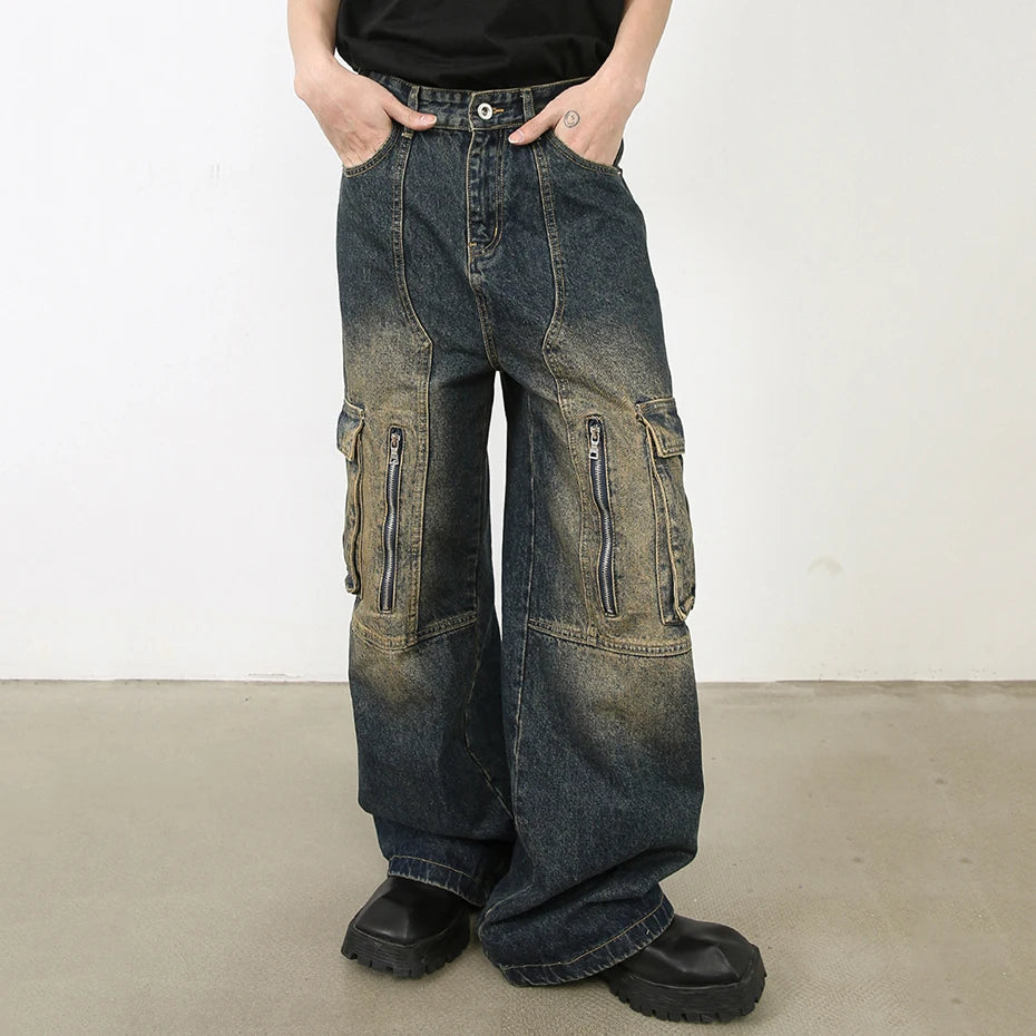 Men Vintage Baggy Jeans Blue Loose Straight Denim Pants Multi Pocket Retro Blue Jeans Trousers Male