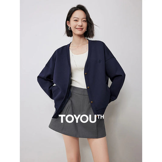 TOYOUTH Women Jacket Coat 2024 Autumn New V neck Single Breasted Button Casual Versatile Off Shoulder Cardigan Tops