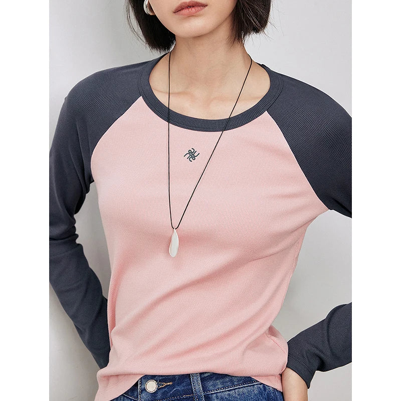 TOYOUTH Women Long Sleeve T shirt 2024 Autumn New Round Neck American Style Raglan Sleeve Basic Casual Tops