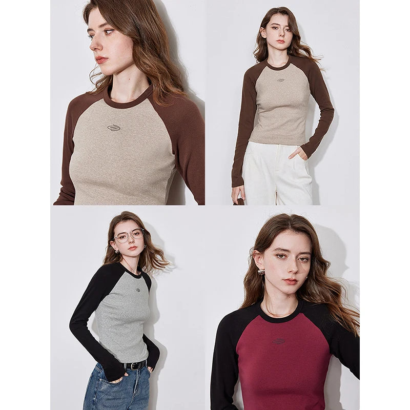 TOYOUTH Women Long Sleeve T shirt 2024 Autumn Winter New American Style Contrasting Color Round Neck Slim Fit Tee Tops