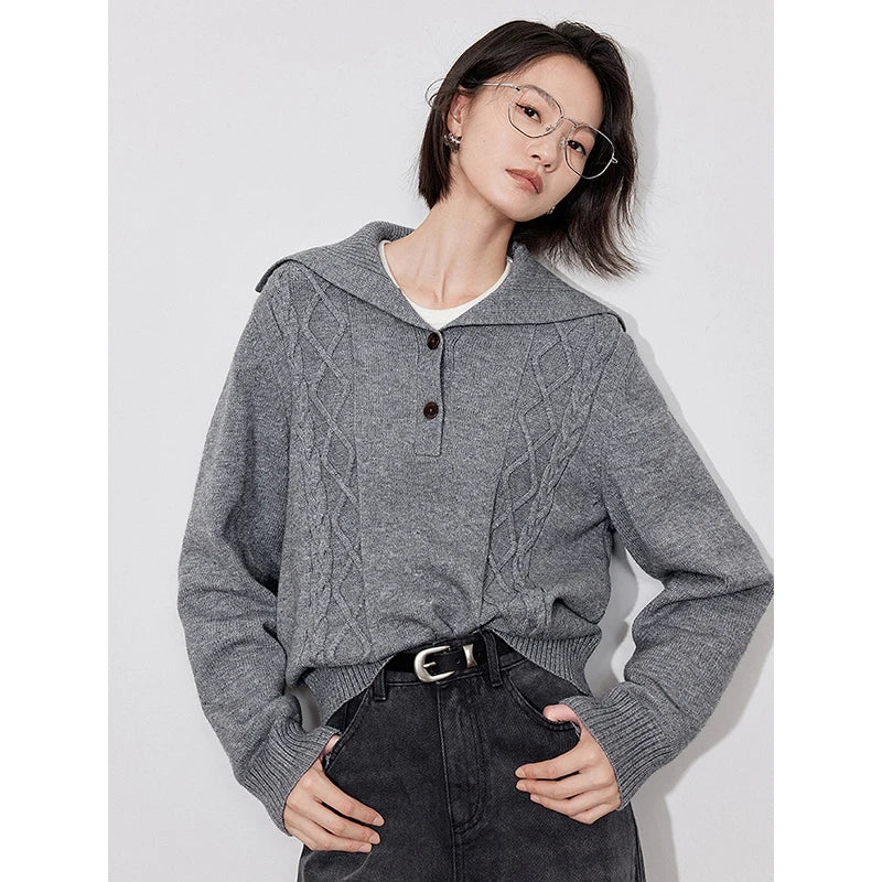 TOYOUTH Women Knitted Sweater 2024 Autumn Winter New Vintage Turn Down Collar Long Sleeve Sports Woolen Pullover Tops Grey