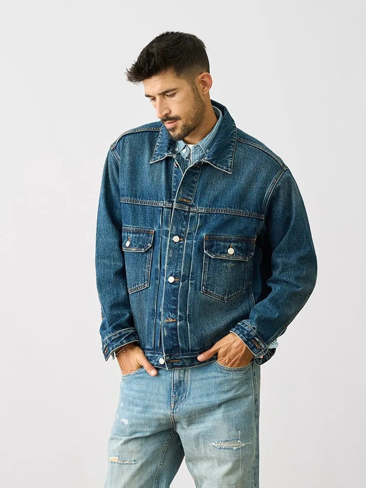 SIMWOOD 2024 Autumn New Western Style Denim Jacket Men Ruched Design Fashion 15oz Washed Vintage Trucker Coats