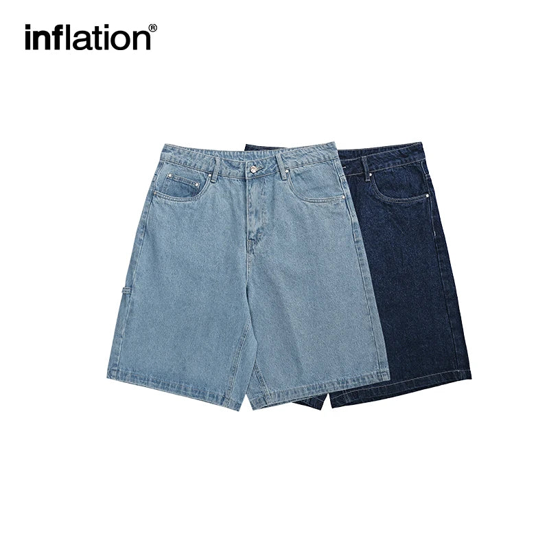 INFLATION Vintage Denim Shorts Man Loose Straight Washed Jeans Shorts Male Plus Szie