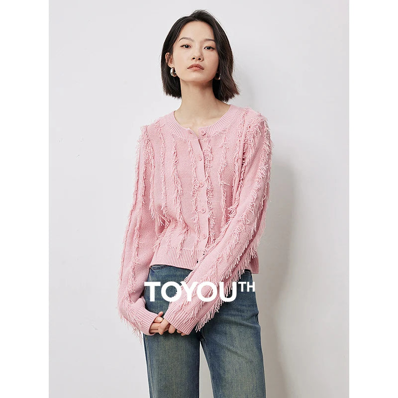 TOYOUTH Women Knitted Sweater 2024 Autumn New Pink Tassel Round Neck Long Sleeve Single Breasted Button Cardigan Tops