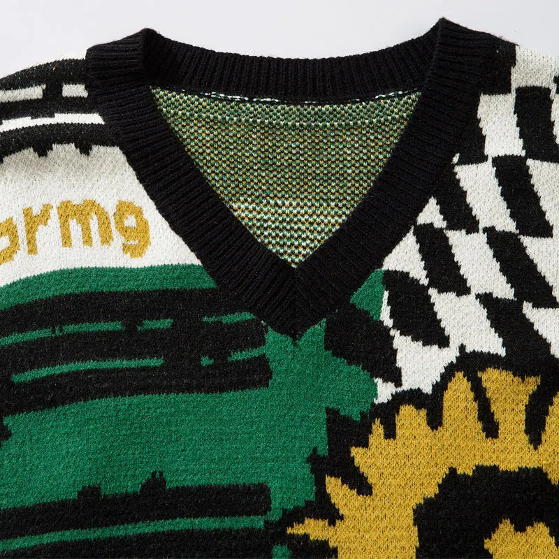 Vintage Sweaters Vest Y2K Knitted Sunflower Patchwork Sleeveless Jumpers Streetwear Hip Hop Harajuku Casual Baggy Pullover Vest