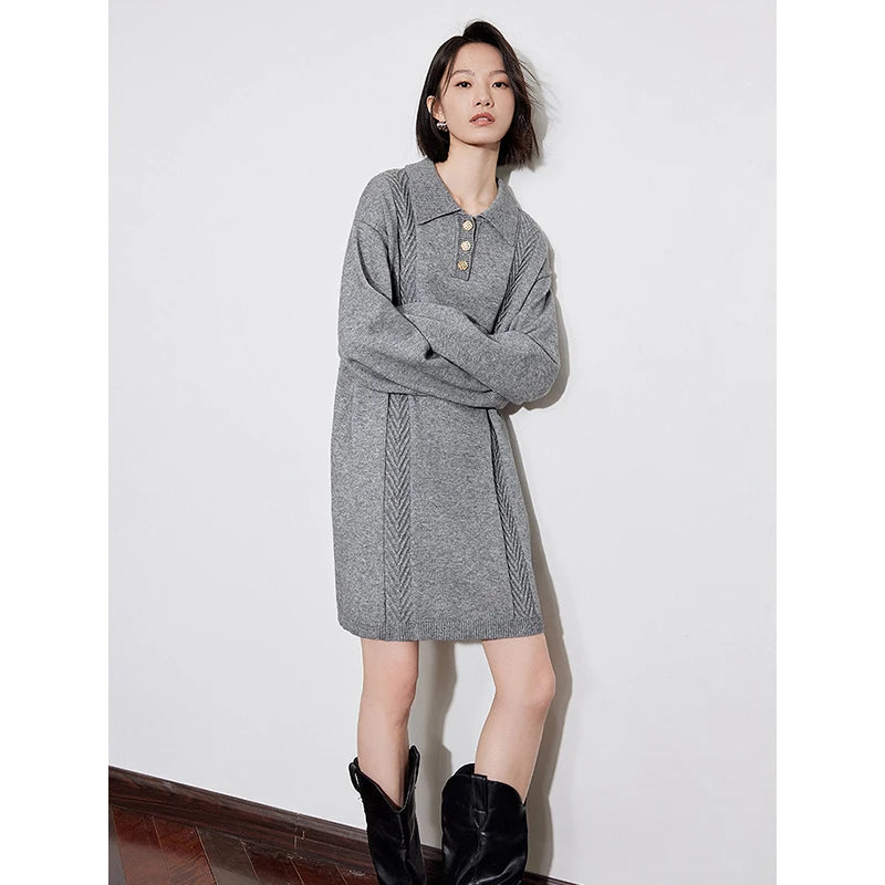 TOYOUTH Women Knitted Dress 2024 Autumn Winter New Turn Down Collar Straight Knee Length Knitted Warm Casual Dress