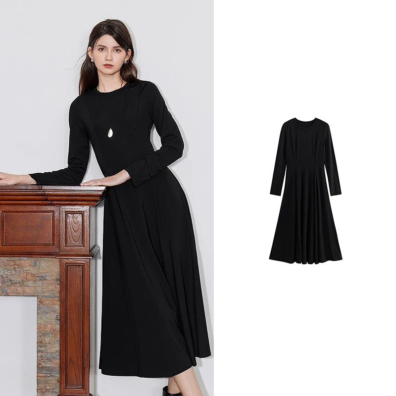 TOYOUTH Women Long Sleeve Dress 2024 Autumn New Long Sleeve Round Neck Slim Waist Black Casual Dress