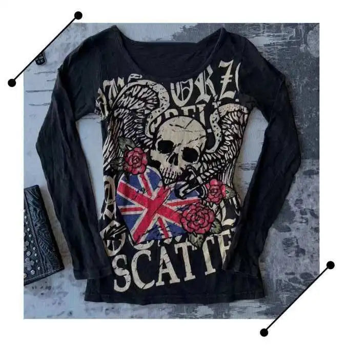 Millennium Skull Print Long Sleeve T-Shirt Harajuku Style Y2k Hot Girl Slim Long Sleeve T-shirt Gothic Aesthetic Clothes