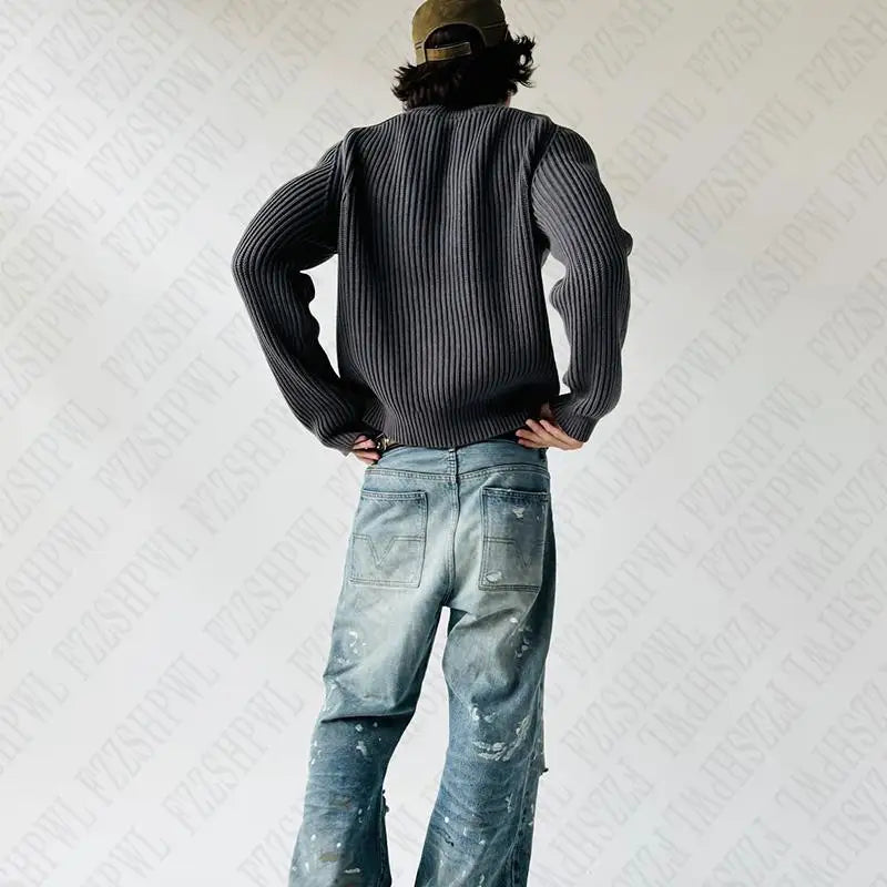 Y2k Men Knitted Sweater Solid Color Hip Hop Graphic American Retro Sweater Streetwear Punk Pullover Grunge High Street Casual