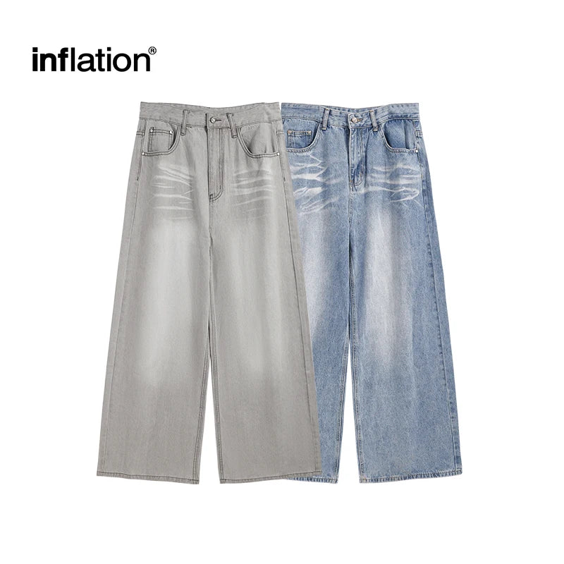 INFLATION Ripple Washed Straight Leg Pants American Street Vintage Faded Denim Jeans for Men