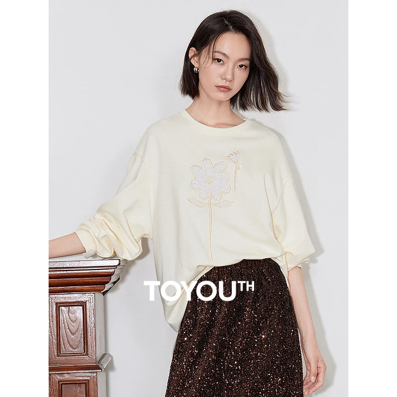 TOYOUTH Women T-shirt 2024 Autumn New Flower Patchwork Embroidered Long Sleeve Round Neck Pullover Bottom Tops Beige