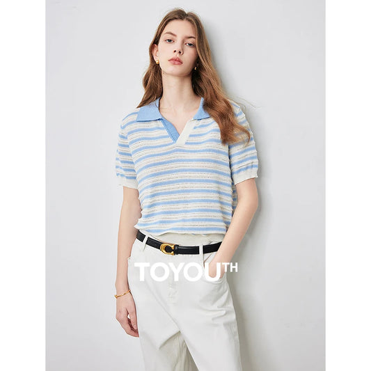 TOYOUTH Women Knitwear 2024 Summer New Striped Polo Collar Hollow Out Casual Short Sleeved Tops for Women