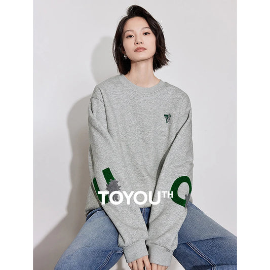 Toyouth Women Fleece Sweatshirt 2024 Autumn Long Sleeve O Neck Loose Hoodies Exquisite Embroidery Casual Chic Red Clothes Tops