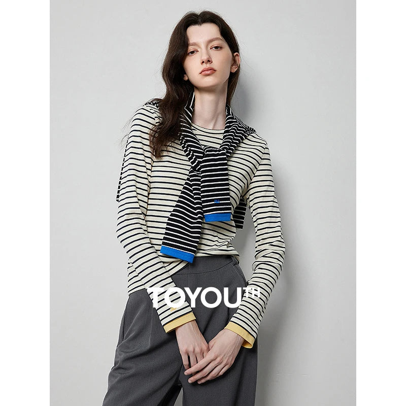 TOYOUTH Women Long Sleeve T-shirt 2024 Autumn New Striped Contrasting Color High Street Base Casual Tee Tops