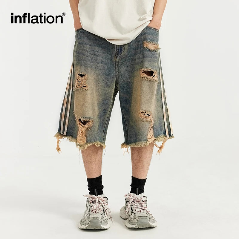 INFLATION Hip Hop Ripped Denim Shorts Men Trendy Patchwork Distressed Jeans for Men Streetwear