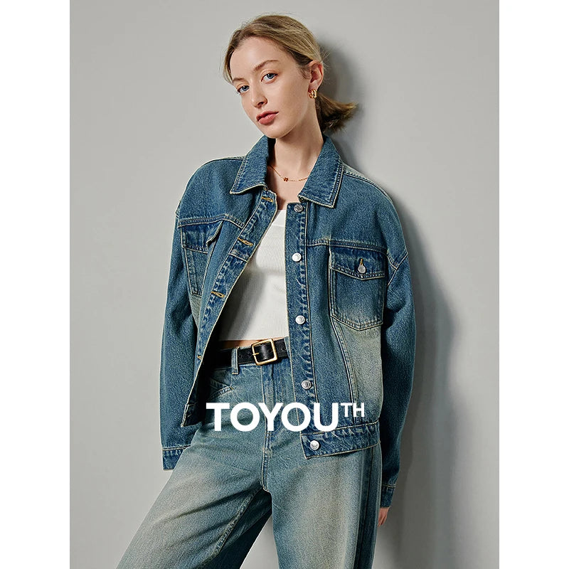 TOYOUTH 2024 Jeans Jacket Jacket Women Single Breasted Office Lady Denim Coats