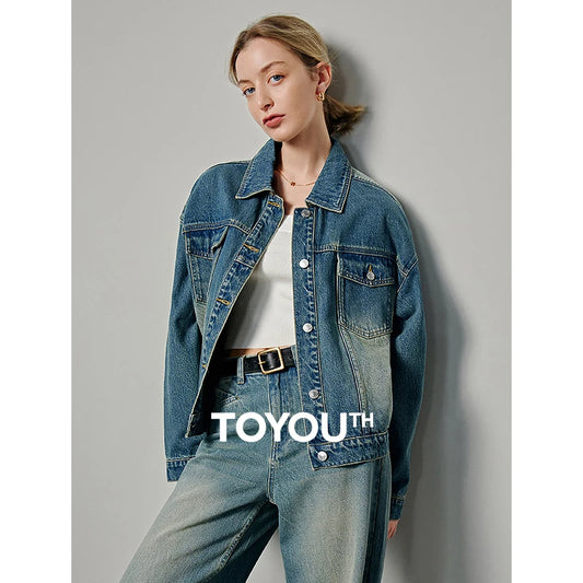 TOYOUTH 2024 Jeans Jacket Jacket Women Single Breasted Office Lady Denim Coats