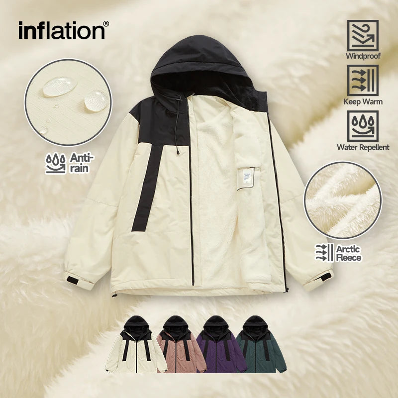 INFLATION Winter Arctic Velvet Inner Parkas Unisex High Neck Windproof Cotton Padded Hooded Jacket Mens Outdoor Coat