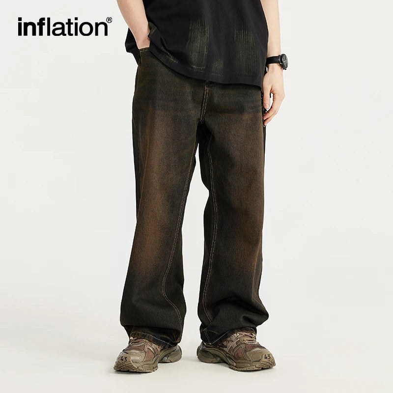 INFLATION Sand Washed Wide Leg Jeans 2024 Trendy Streetwear Loose Fit Straight Leg Denim Pants for Men