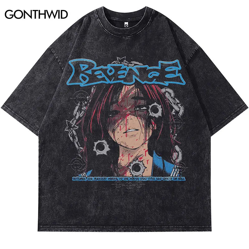 Vintage Oversized T-Shirt Retro Japanese Anime Cartoon Girl Graphic Print Black Washed Tshirt Streetwear 2024 Harajuku Punk Tops