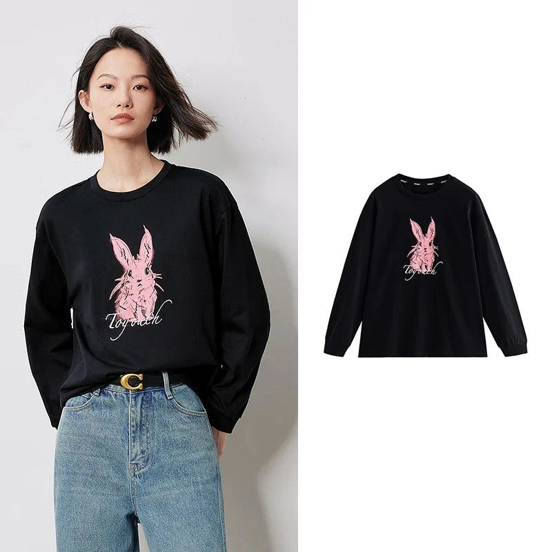 TOYOUTH Women Long Sleeve T-shirt 2024 Autumn New Rabbit Printed Pullover White Tops