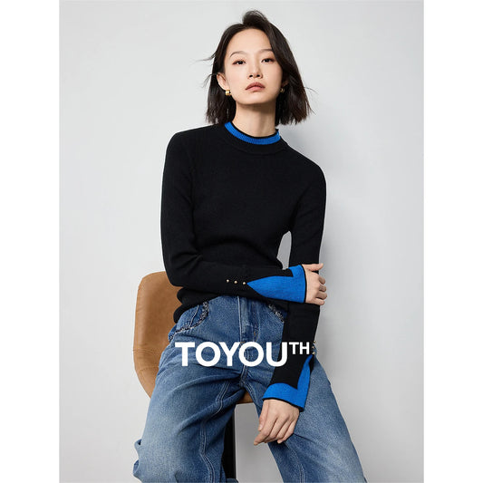 TOYOUTH Women Wool Sweater 2024 Autumn Winter New Color Blocking Patchwork Long Sleeve Slim Waist Bottoming Pullover Sweater