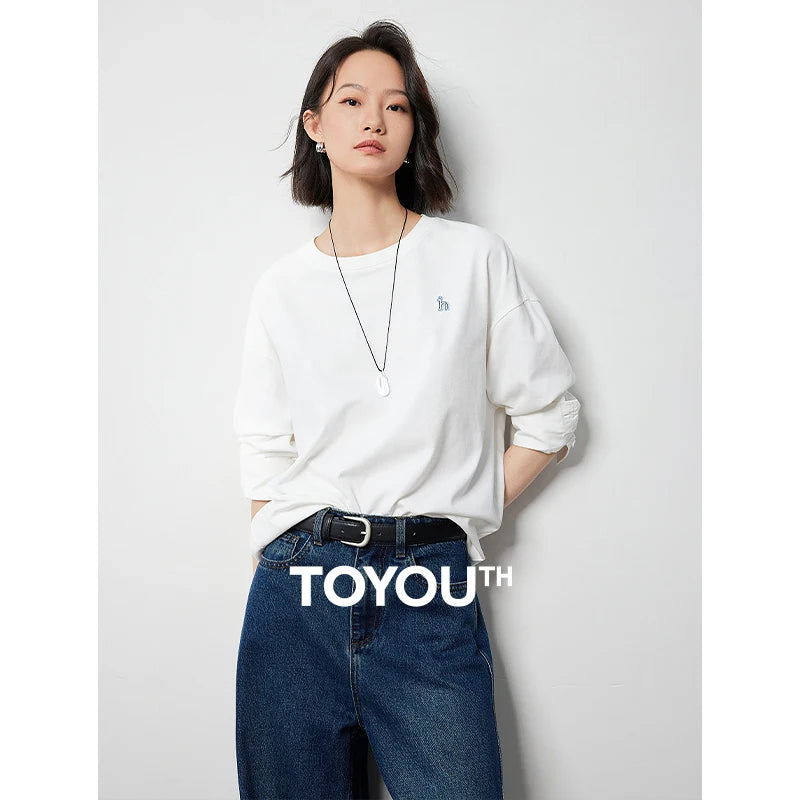 TOYOUTH Women Long Sleeve T-shirt 2024 Autumn New Letter Printed Off Shoulder Round Neck Cotton Base White Shirt