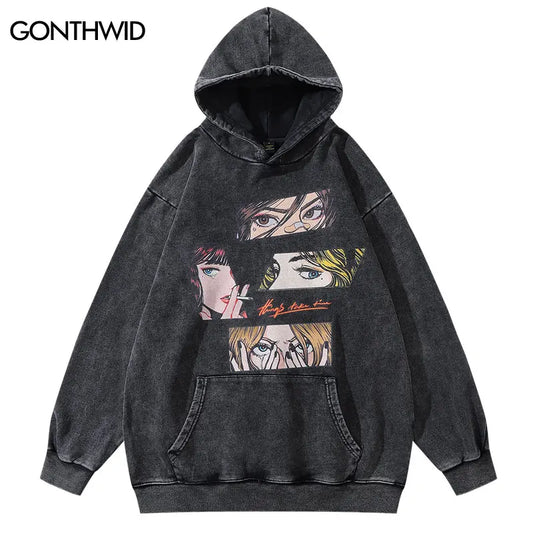 Harajuku Vintage Graphic Hoodie Y2K 2024 Hip Hop Japanese Cartoon Girl Anime Eyes Print Punk Gothic Pullover Hooded Sweatshirt