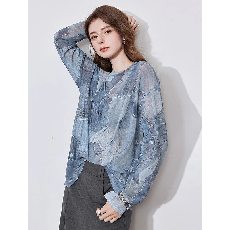 TOYOUTH Women Long Sleeve Tops 2025 Early Spring New Denim Printed Round Neck See-through Undercover Skin T Shirt