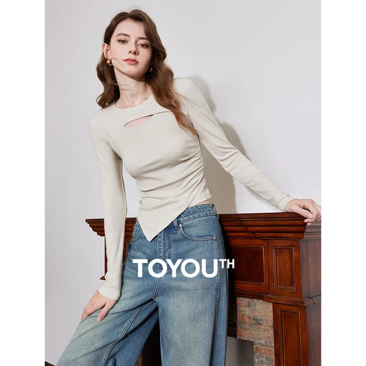 TOYOUTH Women Long Sleeve T-shirt 2024 Autumn and Winter New Round Neck Hollowed Out Slim Fit Basic Tee Tops