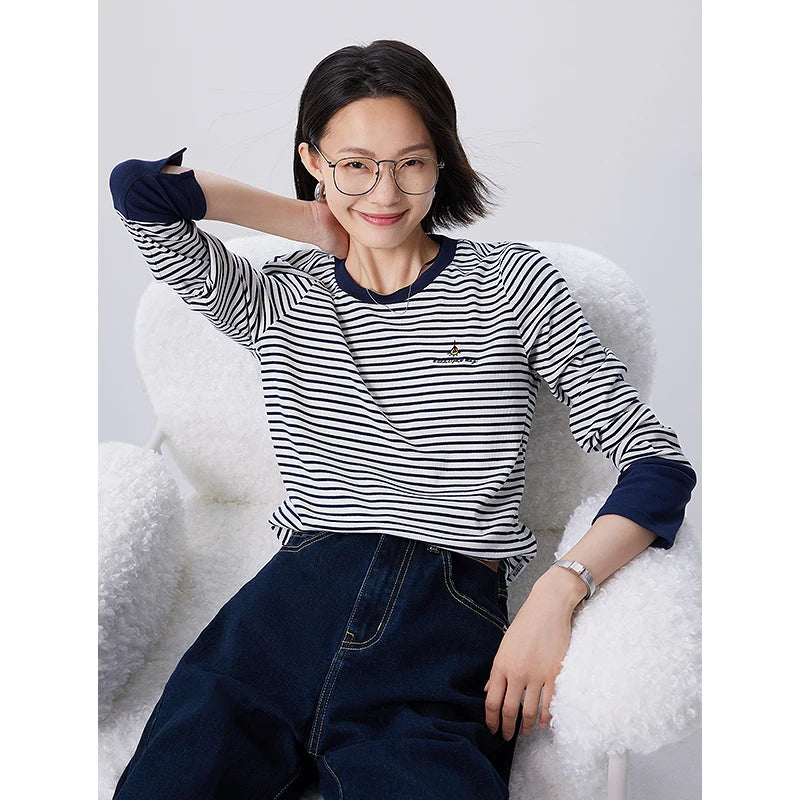 Toyouth Women Striped Tees 2024 Autumn Long Sleeve Round Neck Slim Stretch T-shirt Navy White Stripe Embroidery Casual Tops