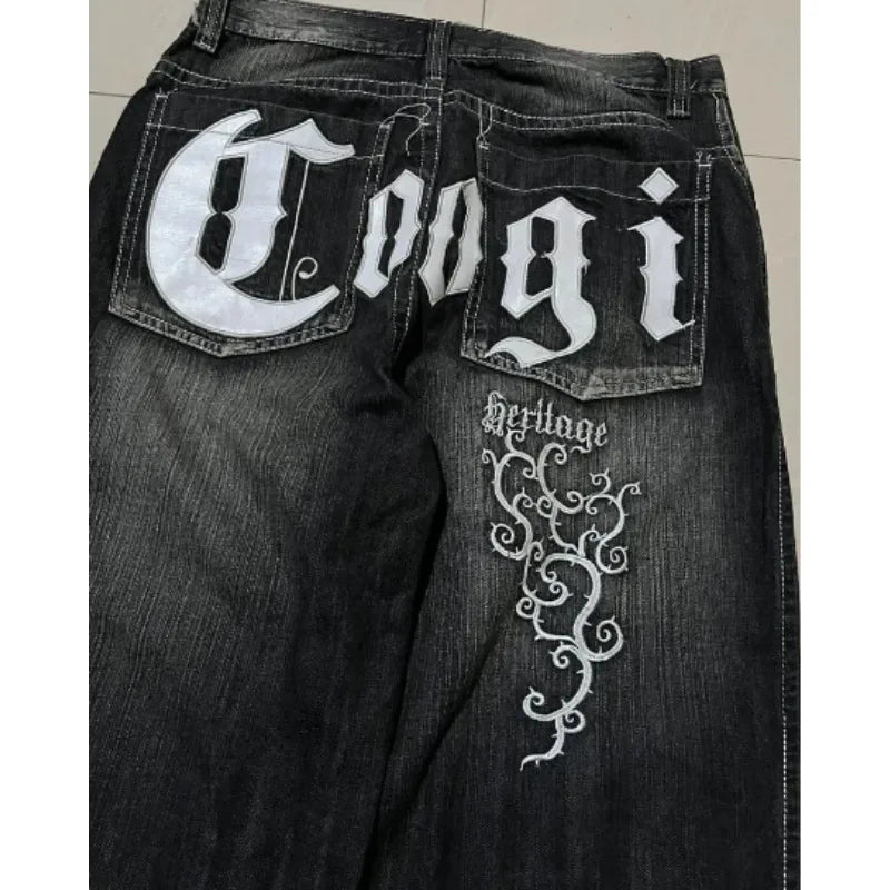 High Street Punk Hip-Hop Letter Embroidery Splicing Raw Edge Design Oversized Jeans for Men Y2K Trendy Gothic Fashion sweatpants