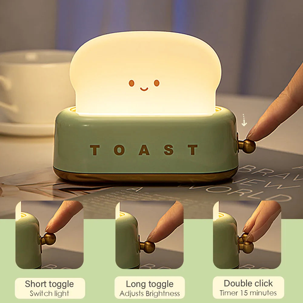 BANDIAN Bread Toast Cartoon LED Night Light Cute Home Decor Kawaii Bread Table Lamps Night Portable Light with Timer Tiny Lamp