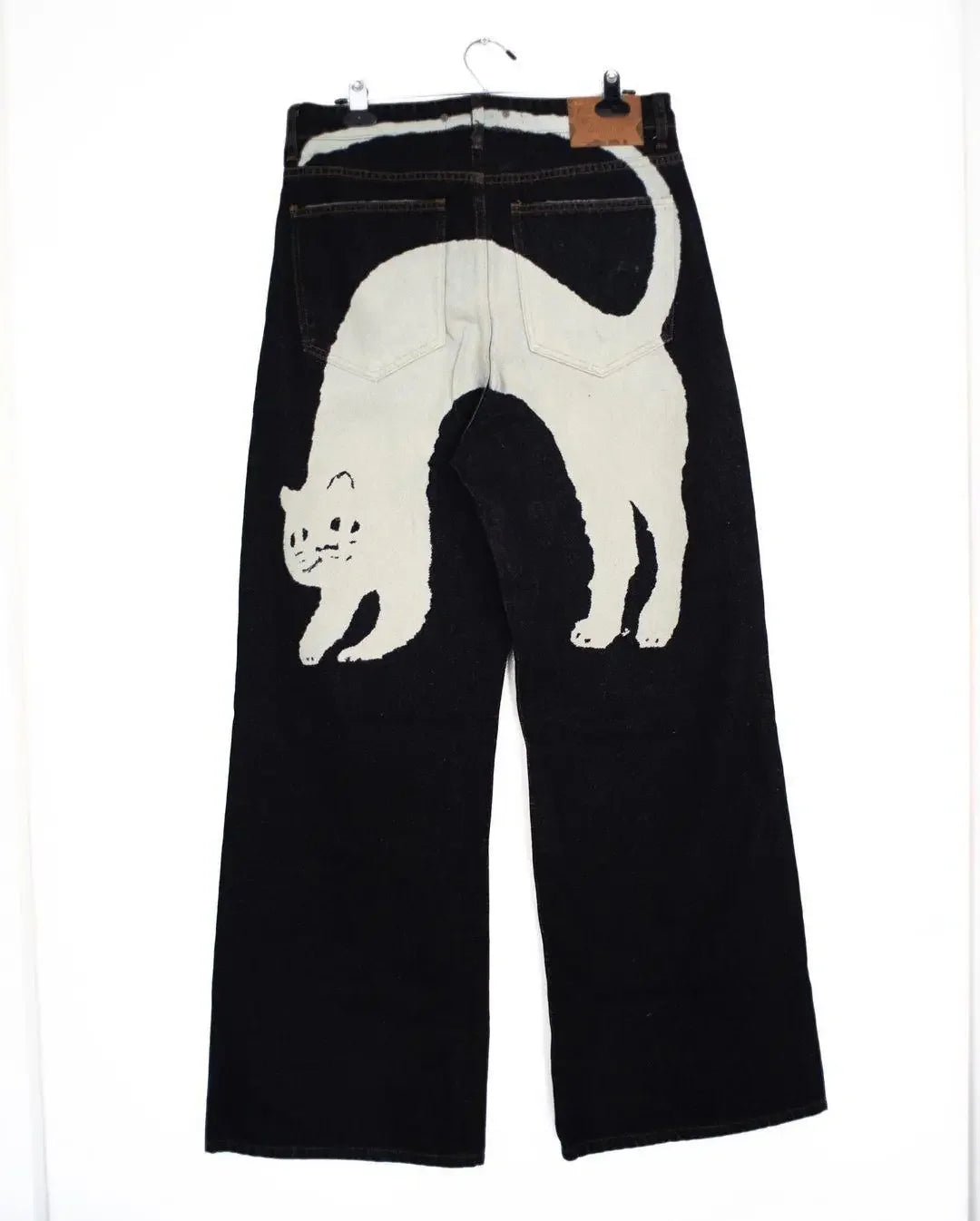 Japanese black high-waisted jeans oversized personality white cat print jeans for men and women Harajuku Y2K punk wide-leg pants