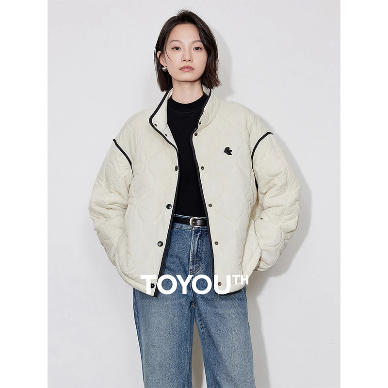 TOYOUTH Women Thick Cotton Coat 2024 Winter Long Sleeve Lapel Collar Contrasting Color Splicing Elegant Outwear Jacket Coat