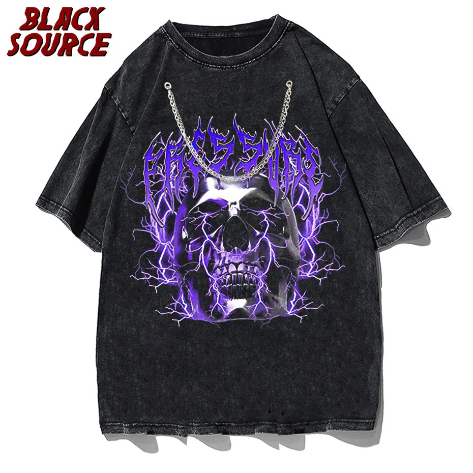 Y2K Hip Hop Black Oversized Cotton T-Shirt Gothic Skull Purple Print Harajuku Retro Aesthetic Gothic Graphic Punk Clothes