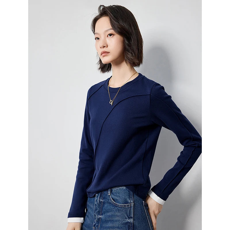 TOYOUTH Women Long Sleeve T shirt 2024 Autumn New Pleated O Neck Long Sleeve Patchwork Basic Shirt Tops