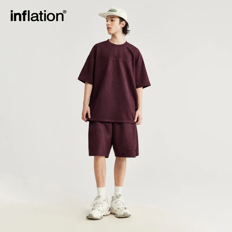 INFLATION Summer Oversized Tracksuit Set Unisex Suede Fabric Embossed T-shirts and Shorts Set