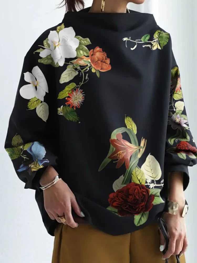 UOOZEE 2025 New Spring Floral Printed High-Neck Shirts Tops Women's Long Sleeves Loose Urban Casual Elegant Blouse T-Shirts