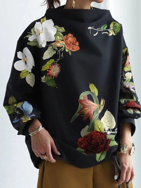 UOOZEE 2025 New Spring Floral Printed High-Neck Shirts Tops Women's Long Sleeves Loose Urban Casual Elegant Blouse T-Shirts