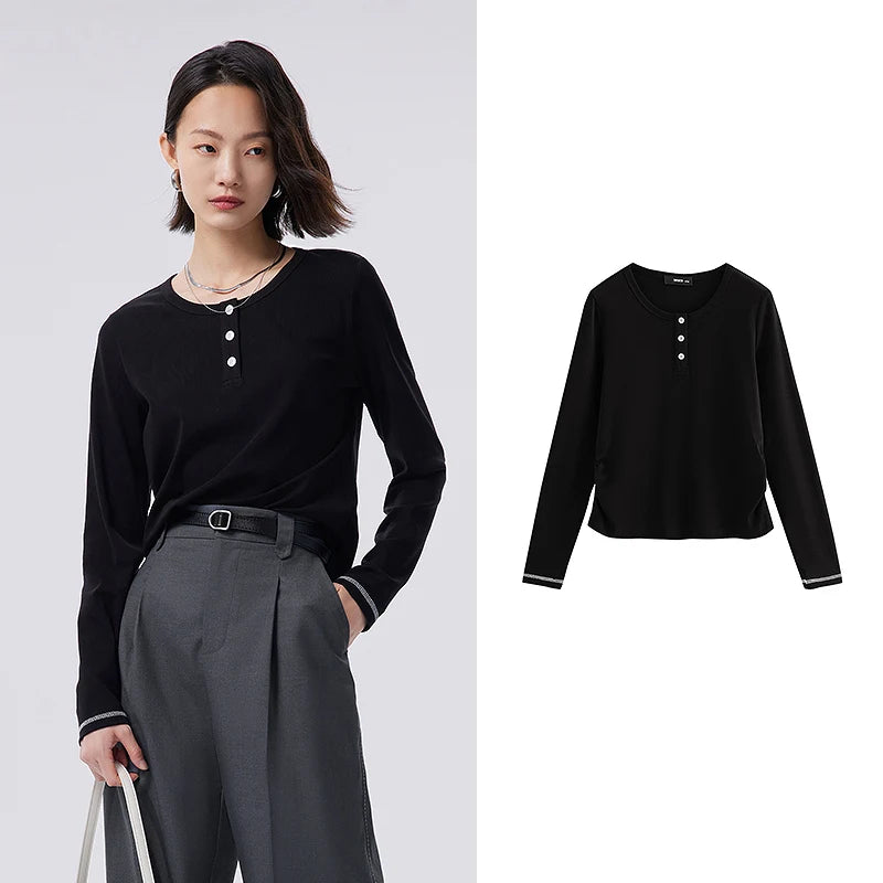 Toyouth Women Tees 2023 Autumn Long Sleeve Round Neck with Buttons Slim Fit T-shirt Pleated Waist Design Fashion Casual Tops