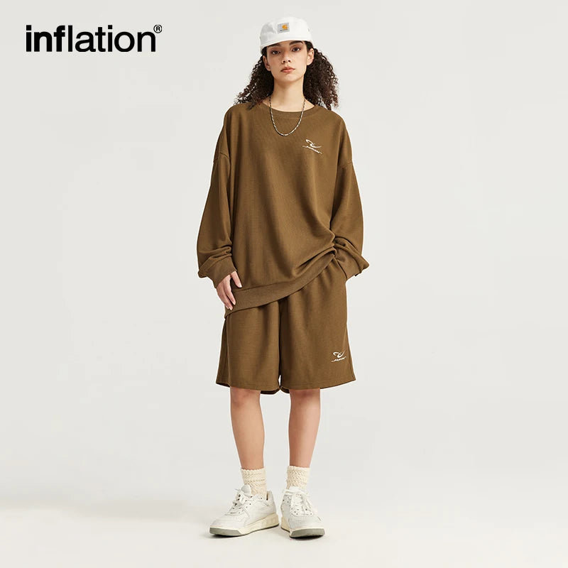 INFLATION Spring Oversized Tracksuit Sportswear Unisex Pique Fabric Embroidery Long Sleeve Tees and Shorts Set