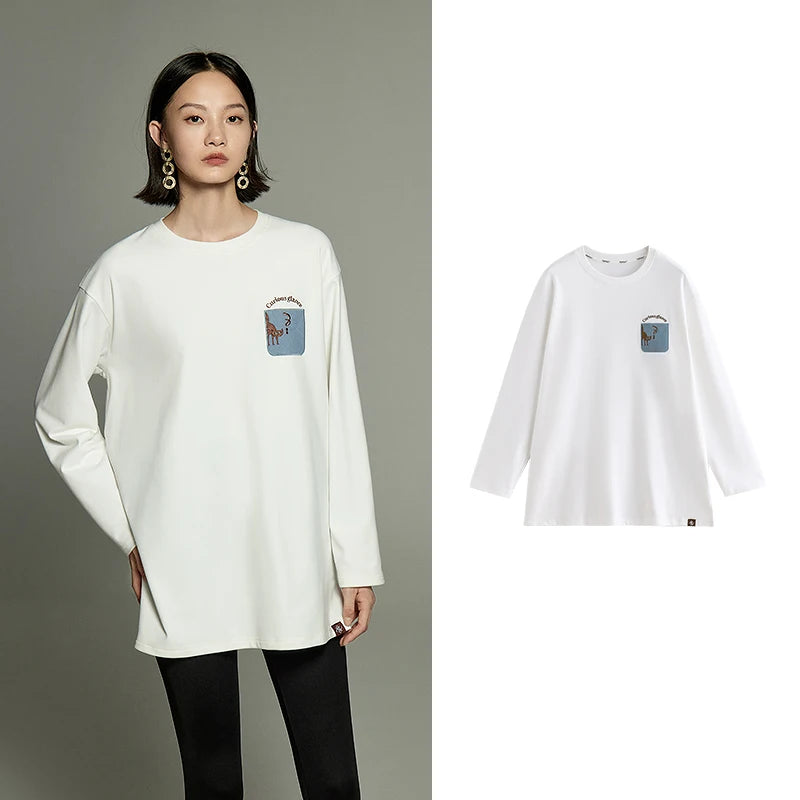 Toyouth Women Mid-length Tees 2024 Winter Long Sleeve Round Neck Loose T-shirt Embroidery Fashion Casual Oversized Warm Tops