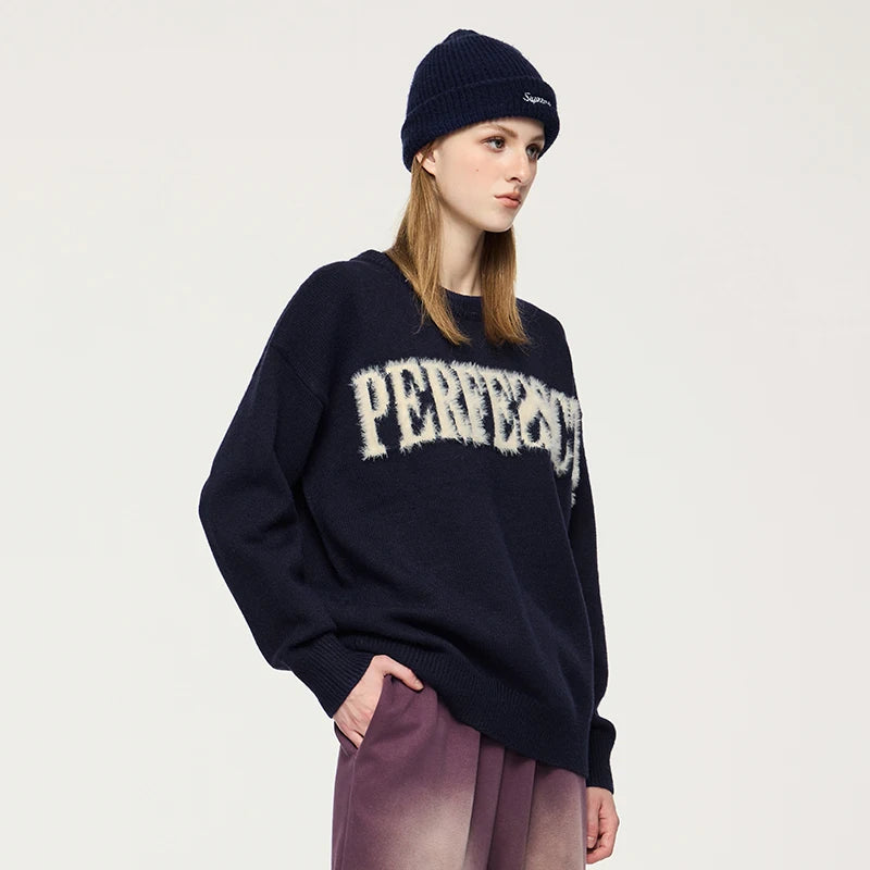 INFLATION Unisex American Letter Jacquard Sweater Pullover Trendy Streetwear Loose Knitted Sweater