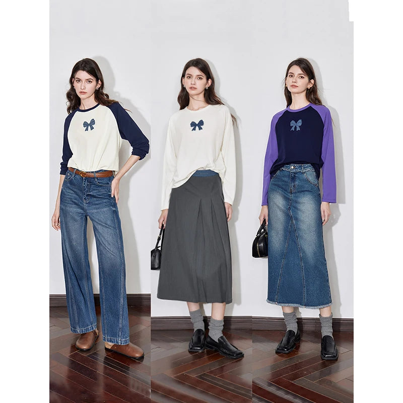 TOYOUTH Women T-shirt 2024 Autumn New Denim Bow Contrasting Color Raglan Sleeve Pullover Casual Tops