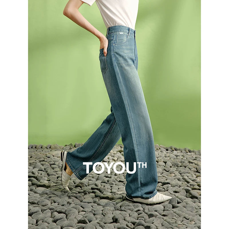 TOYOUTH Women Denim Jeans 2024 Summer New Lyocell Straight High Waist Wide Leg Stonewashed Long Pants